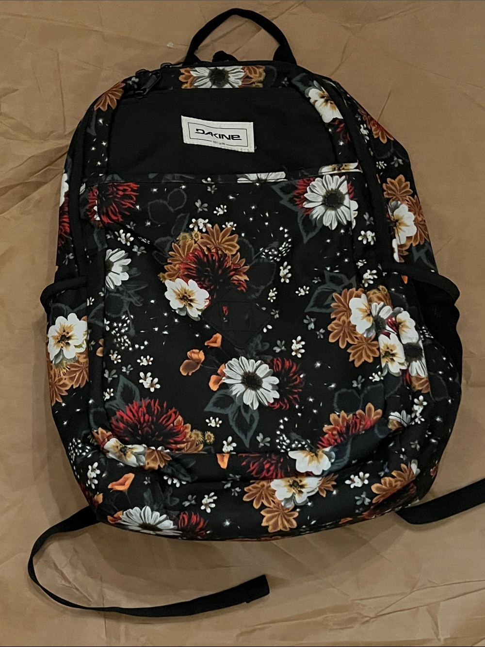 Dakine Black Floral Backpack with White and Rust Blooms